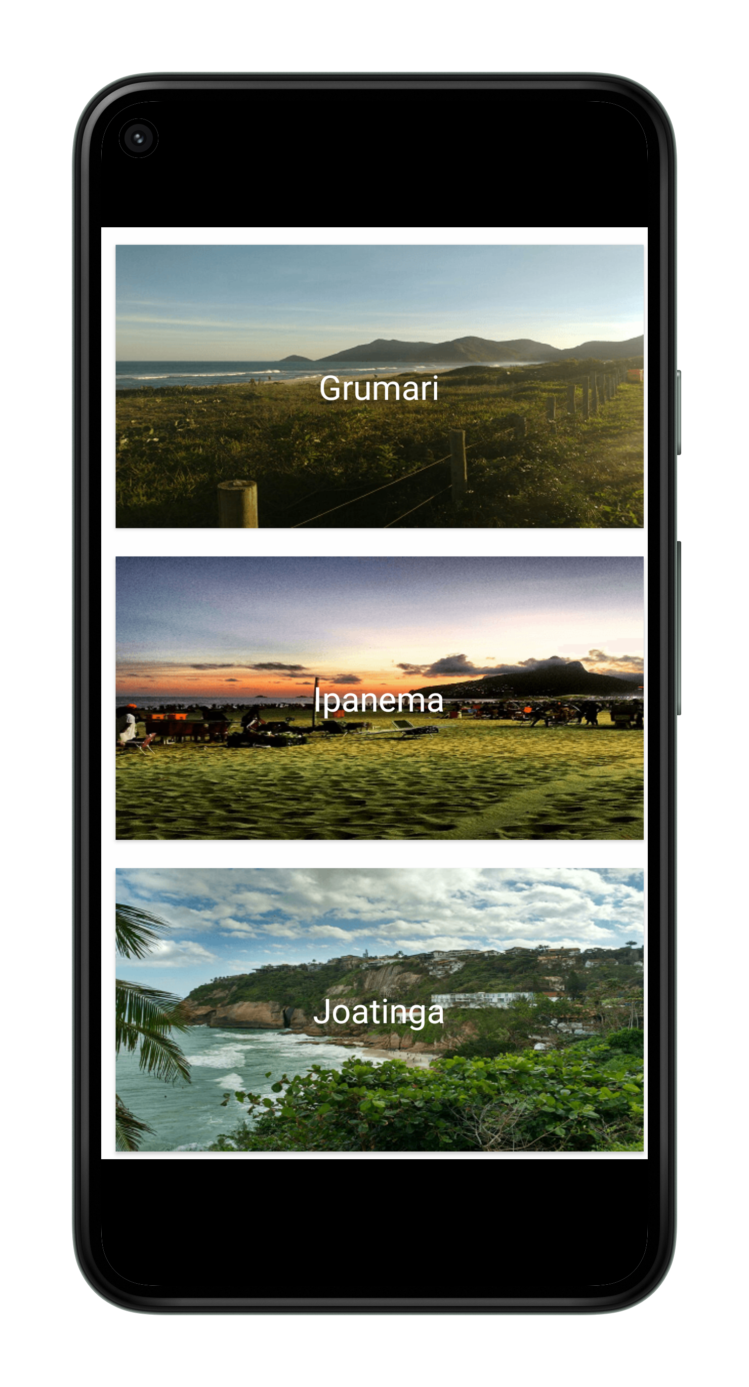 Tela do app Beach In Rio com fotos e navegação pelas praias.