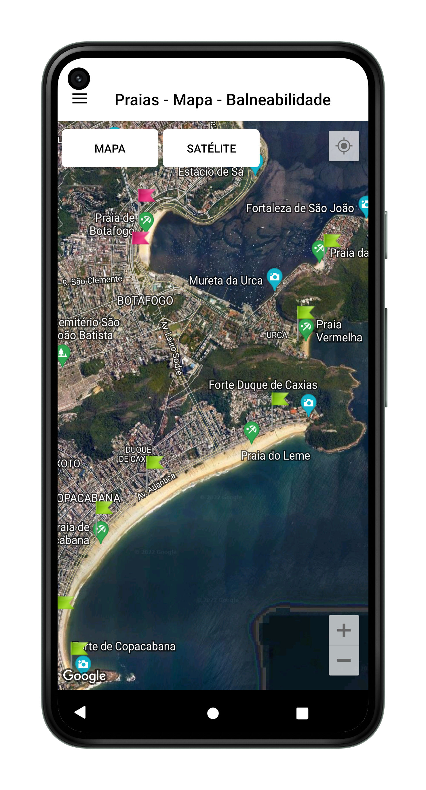 Tela do app Beach In Rio com mapa das praias do Rio de Janeiro.